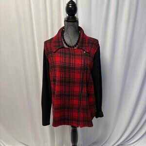 Chaps Womens Red Black Plaid Zip-Up Sweater Jacket Size 1X Moto Outerwear